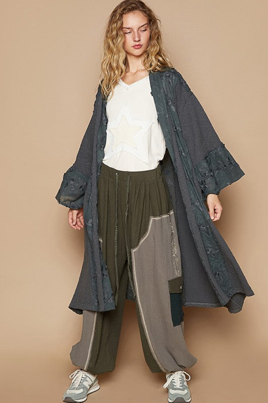 Flower Fem Lace Trim Cardigan-Charcoal